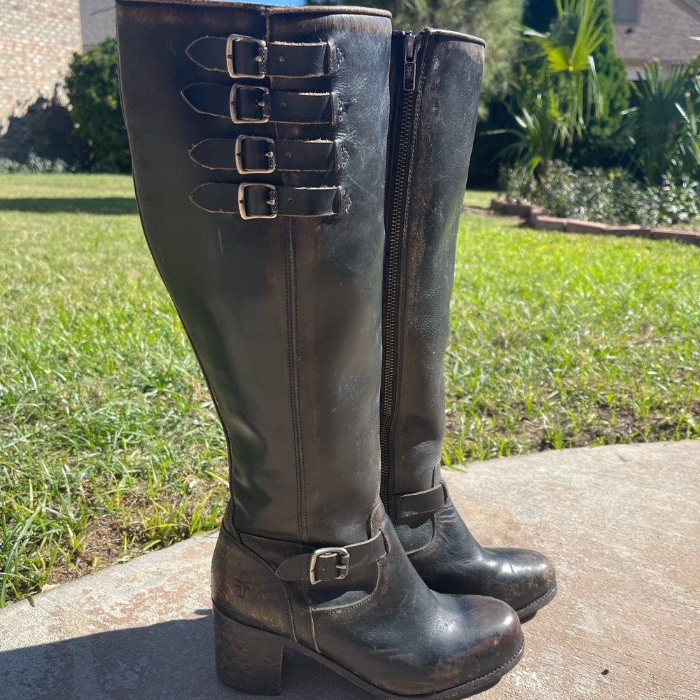 Frye Black Heeled Boots with Buckle Detail